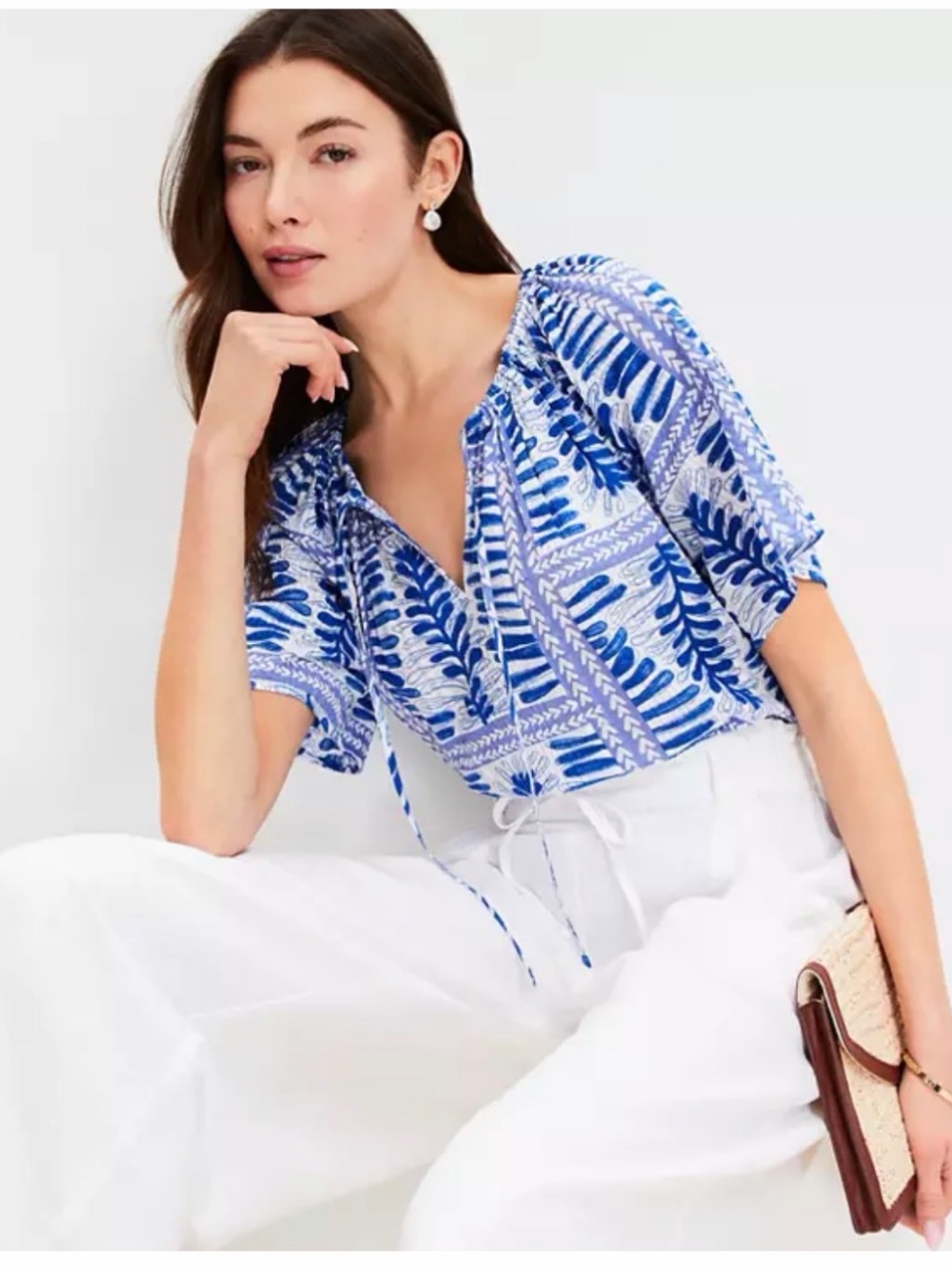 LOFT Blue White Printed Peasant Blouse XL Coastal Resort Top